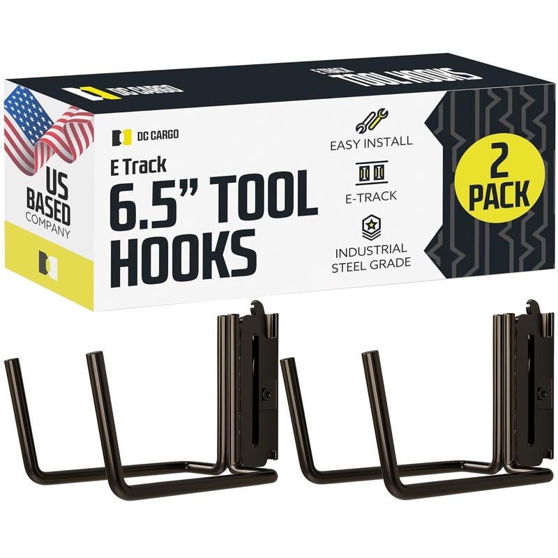 DC Cargo Mall E Track Tool Hooks 6.5â€ Deep (2 Pack) â€“ Heavy Duty Black Powder-Coated Steel Hangers for Garage, Truck, Trailer, or Workshop â€“ E Track Hook Storage for Tools and Ladder - Image 1